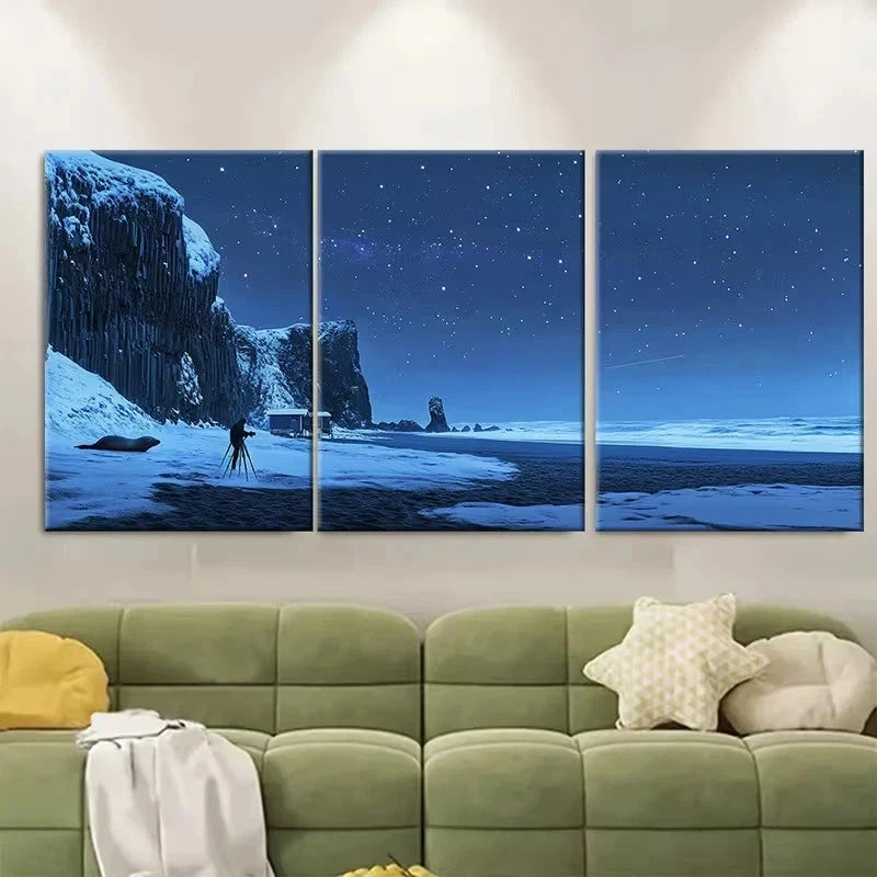 3pcs Black Sand Under Aurora Borealis Wall Art Set Canvas Framed 50x70cm - High Quality Print 100% Australian Made Wall Canvas Ready to Hang