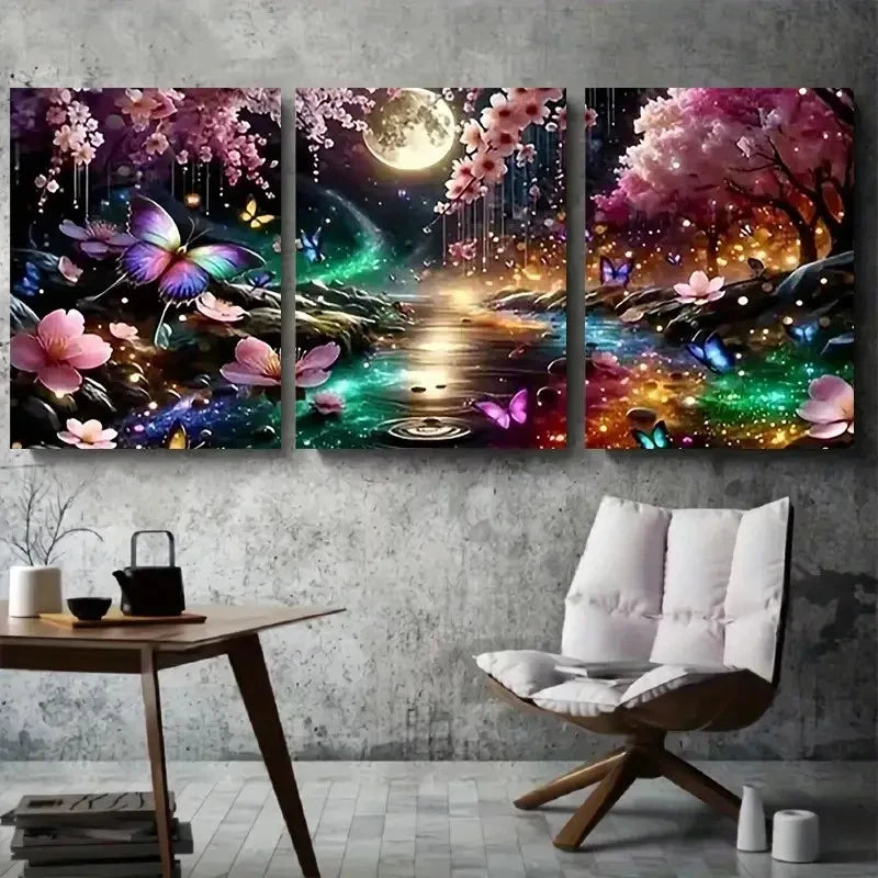 3pcs Night Garden with Moon and Butterflies Metal Print Ready to Hang Art