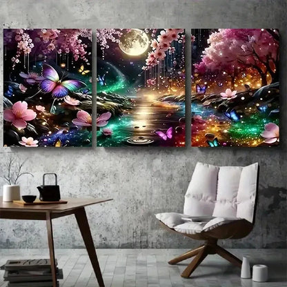 3pcs Night Garden with Moon and Butterflies Metal Print Ready to Hang Art