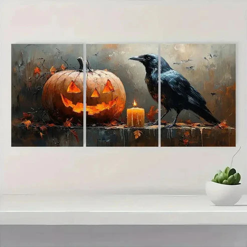 3pcs Halloween Pumpkin & Crow ER Wall Art Set Canvas Unframed - High Quality Print 100% Australian Made Wall Canvas