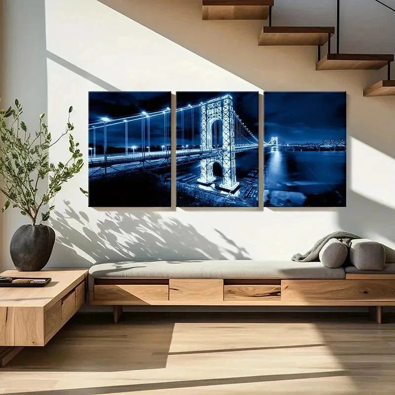3pcs Blue Brooklyn Bridge Night Cityscape Wall Art Set Canvas Framed 40x60cm - High Quality Print 100% Australian Made Wall Canvas Ready to Hang
