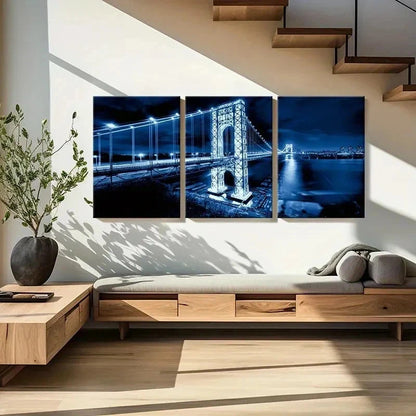 3pcs Blue Brooklyn Bridge Night Cityscape Wall Art Set Canvas Framed 40x60cm - High Quality Print 100% Australian Made Wall Canvas Ready to Hang