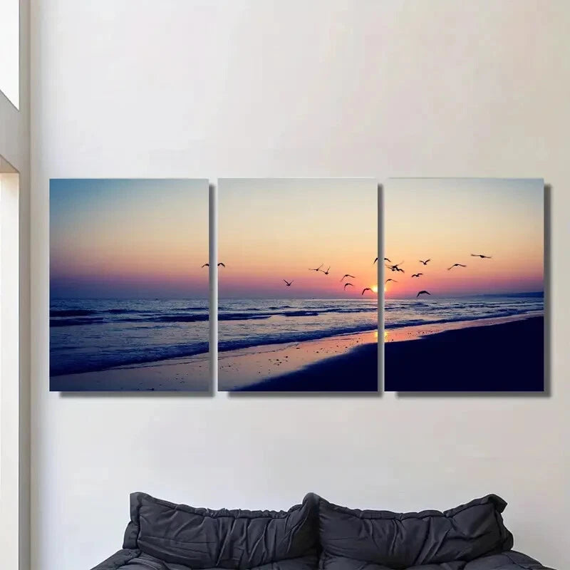 3pcs Beach Sunset Triptych Ocean & Birds Scene Metal Print Ready to Hang Art