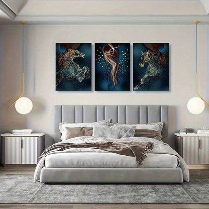 3pcs Golden Horse Abstract Luxury Modern Smoke Metal Print Ready to Hang Art