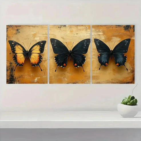 3pcs GoldenYellow Background Black ButterflyN Wall Art Set Canvas Unframed - High Quality Print 100% Australian Made Wall Canvas