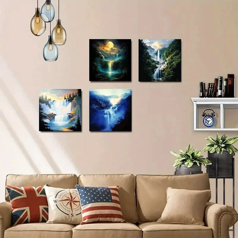 4pcs Vintage Abstract Moonlit Waterfall Wall Art Canvas Framed