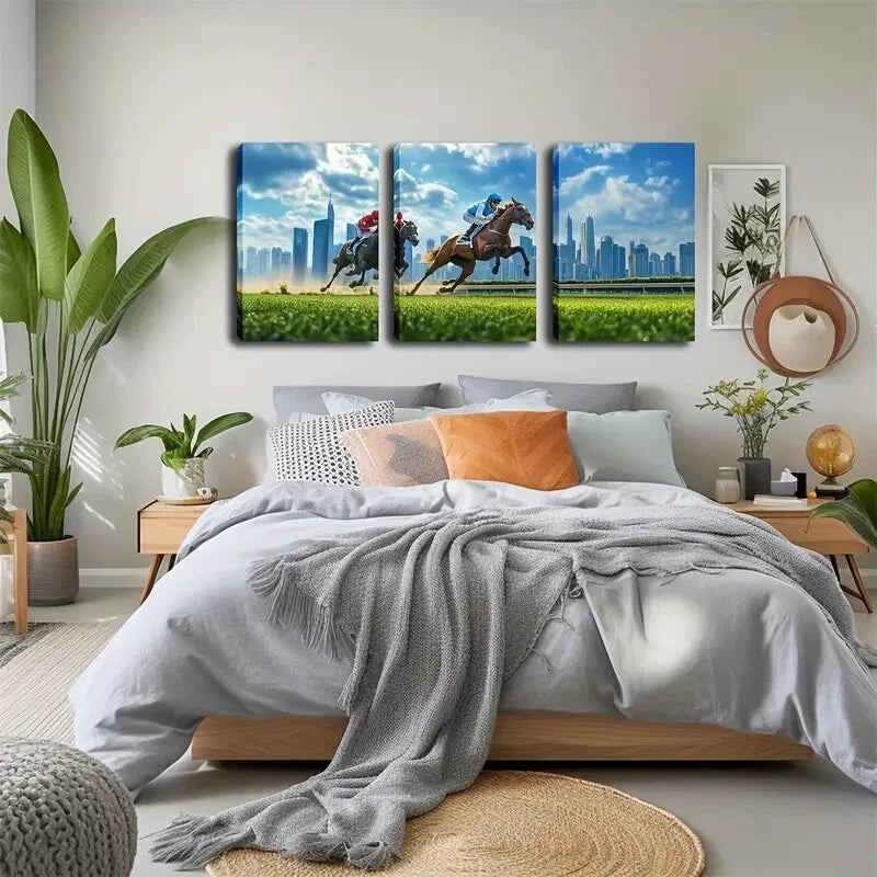 3pcs Equestrian Cityscape Lush Green Perfect Wall Art Set Canvas Framed 40x60cm - High Quality Print 100% Australian Made Wall Canvas Ready to Hang