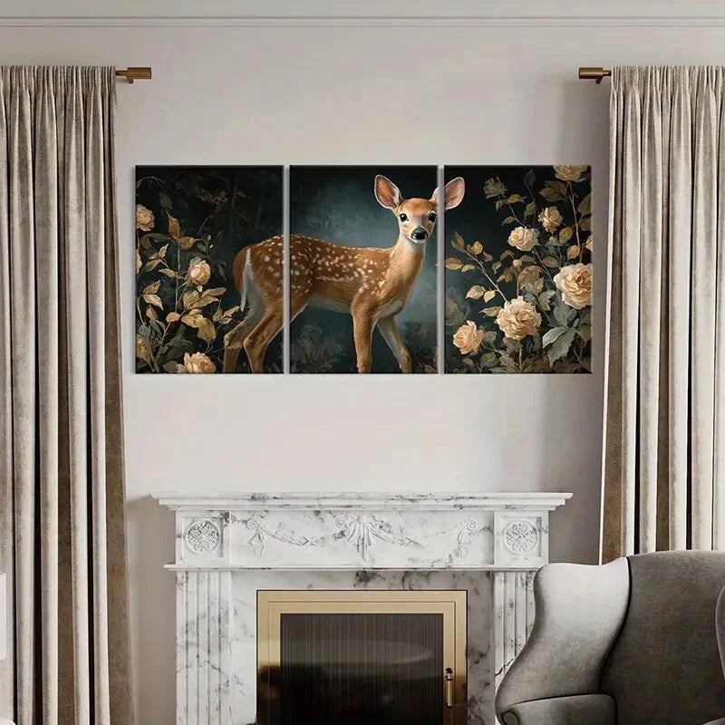 3pcs Deer Illustration Floral Surroundings Nature Metal Print Ready to Hang Art
