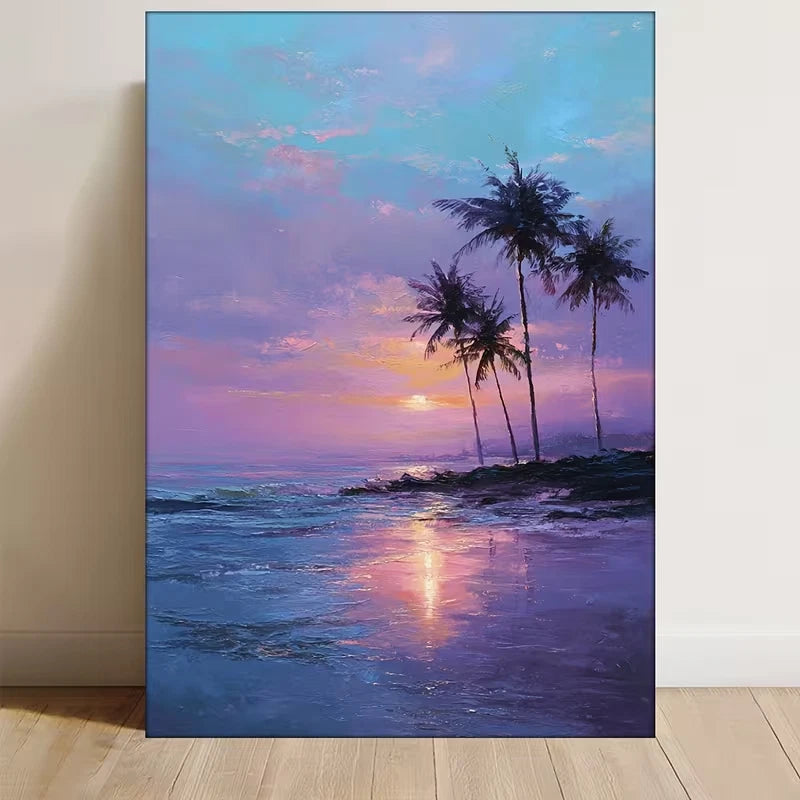Beach Sunset Painting with Silhouetted Palm Trees Metal Print Ready to Hang