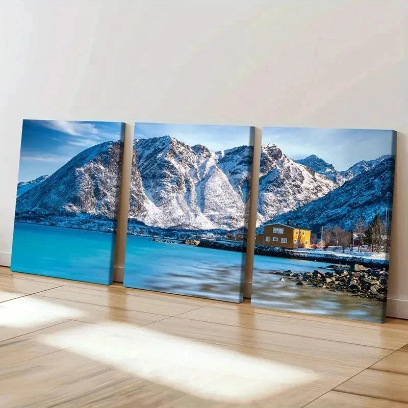 3pcs Snow Mountain Coast Hut Modern Wall Art Set Canvas Framed 40x60cm - High Quality Print 100% Australian Made Wall Canvas Ready to Hang