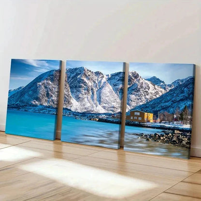 3pcs Snow Mountain Coast Hut Modern Wall Art Set Canvas Framed 40x60cm - High Quality Print 100% Australian Made Wall Canvas Ready to Hang