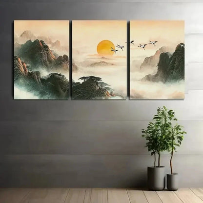 3pcs Mountains and Floating Clouds in Soft Hues Metal Print Ready to Hang Art
