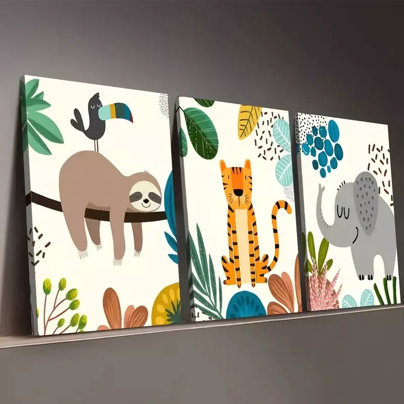 3pcs Simple Natural Plant Animal Cartoon Style Wall Art Set Canvas Framed 50x70cm - High Quality Print 100% Australian Made Wall Canvas Ready to Hang - Bella Home Decor