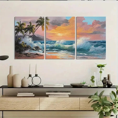 3pcs Hawaiian Beach Scene With Palm Trees Wall Art Canvas Unframed - High Quality Print 100% Australian Made Wall Canvas