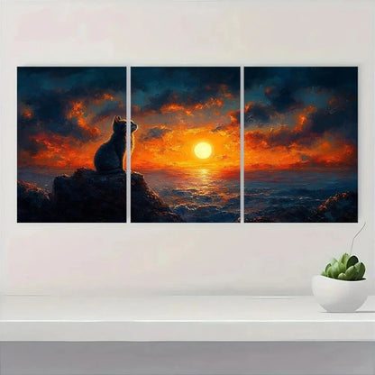 3pcs Moonlit Cat Serene Sunset Scene Metal Print Ready to Hang Art
