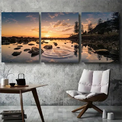 3pcs Sunset Reflection Lake & Rocks Metal Print Ready to Hang Art