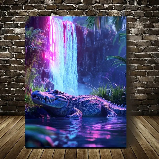 Vibrant Neon Glow Crocodile Scene Painting  40x60cm Metal Print Ready to Hang