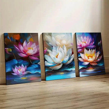 3pcs Botanical Vibrant Lotus Flower Perfect Wall Art Set Canvas Framed 40x60cm - High Quality Print 100% Australian Made Wall Canvas Ready to Hang