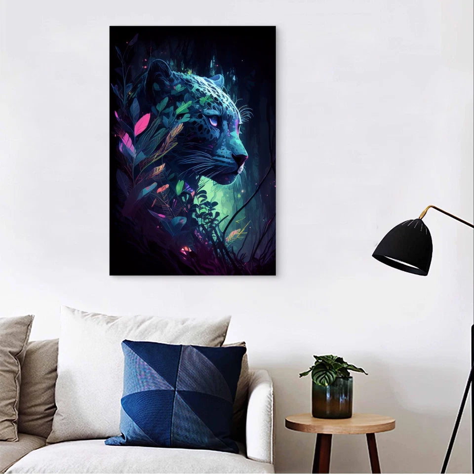 Glowing Neon Leopard Wildlife Night Forest 40x60cm Metal Print Ready to Hang