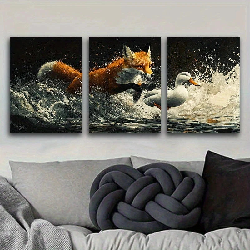 3pcs Featuring Orange Fox White Duck Metal Print Ready to Hang Art
