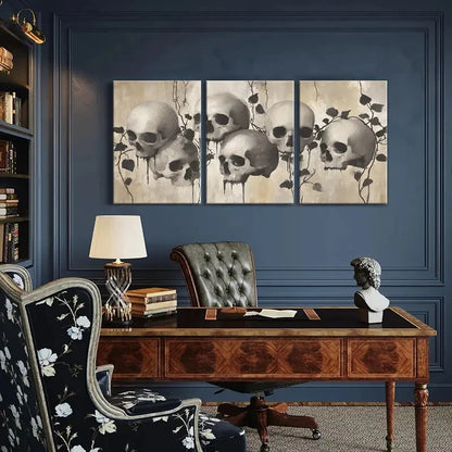 3pcs Skull Distressed Texture with Withered Vines Metal Print Ready to Hang Art