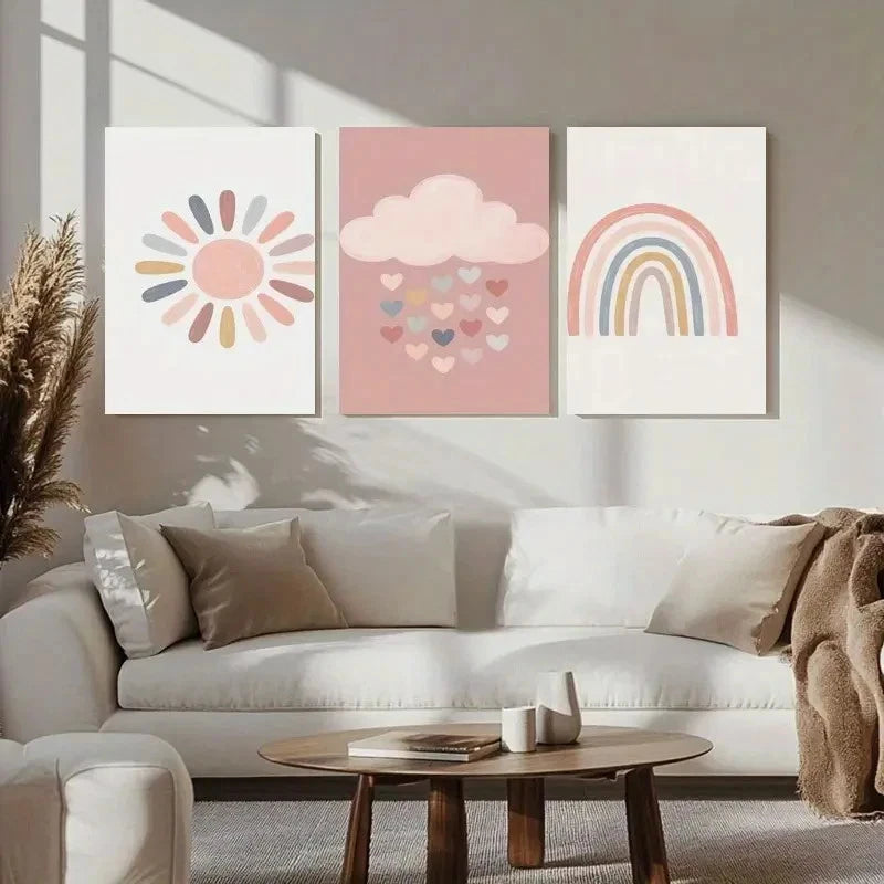 3pcs Sun Cloud Rainbow Painting Metal Print Ready to Hang Art