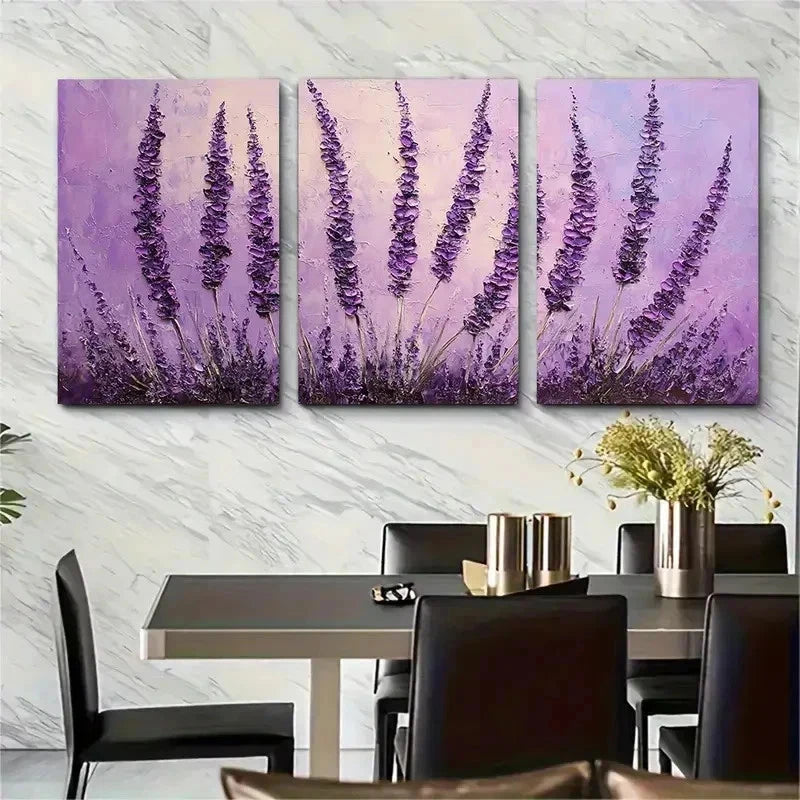 3pcs Lavender Flower Purple Floral Perfect Wall Art Set Canvas Framed 50x70cm - High Quality Print 100% Australian Made Wall Canvas Ready to Hang