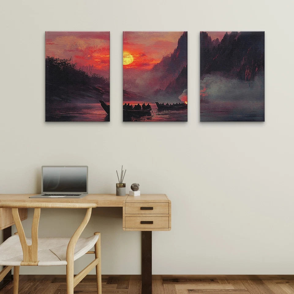 3pcs Classical Sunset River Boats Painting Wall Art Set Canvas Framed 40x60cm - High Quality Print 100% Australian Made Wall Canvas Ready to Hang