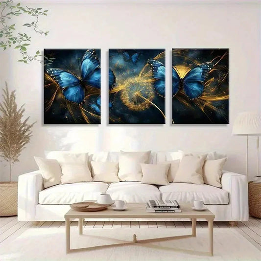 3pcs Dreamy Blue Butterfly and Golden Swirl Metal Print Ready to Hang Art