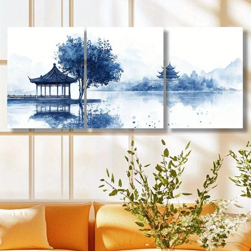 3pcs The Water Blue Themed & Tree Metal Print Ready to Hang Art