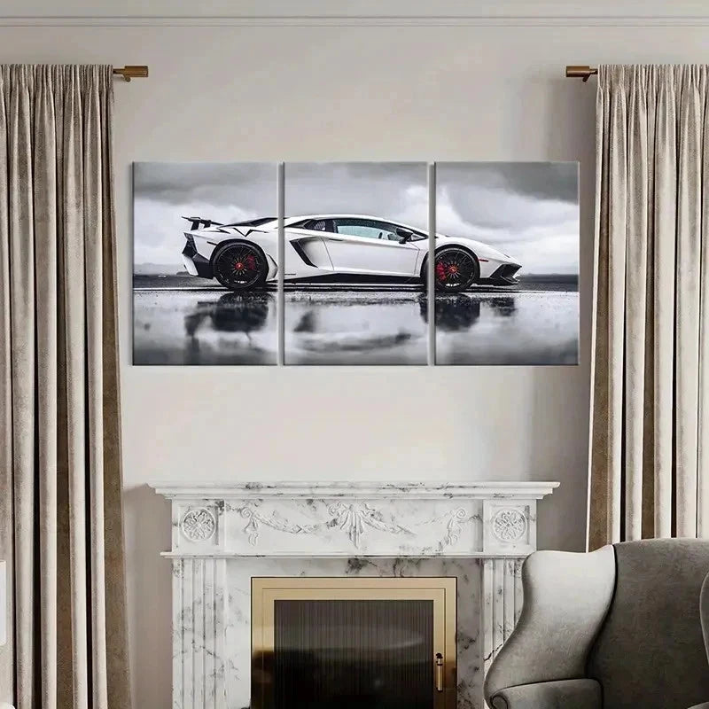 3pcs White Lambo Super Car Modern Vehicle Wall Art Set Canvas Framed 40x60cm - High Quality Print 100% Australian Made Wall Canvas Ready to Hang
