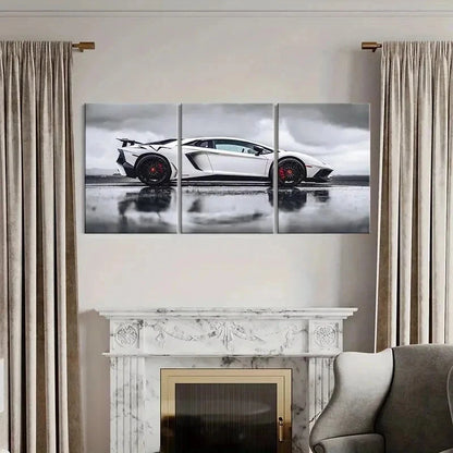 3pcs White Lambo Super Car Modern Vehicle Wall Art Set Canvas Framed 40x60cm - High Quality Print 100% Australian Made Wall Canvas Ready to Hang