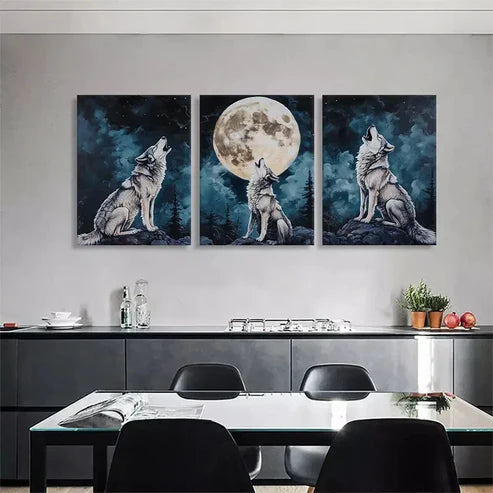 3pcs Wolf Howling at the Moon Mystical Perfect Wall Art Set Canvas Unframed - High Quality Print 100% Australian Made Wall Canvas