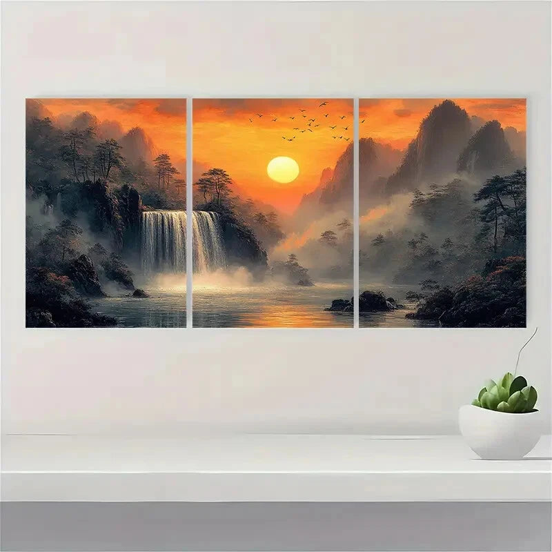 3pcs Sunset Landscape with Birds and Forest Metal Print Ready to Hang Art