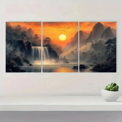 3pcs Sunset Landscape with Birds and Forest Metal Print Ready to Hang Art