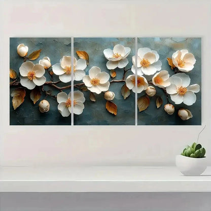 3pcs White Blooming Flowers Texture Metal Print Ready to Hang Art
