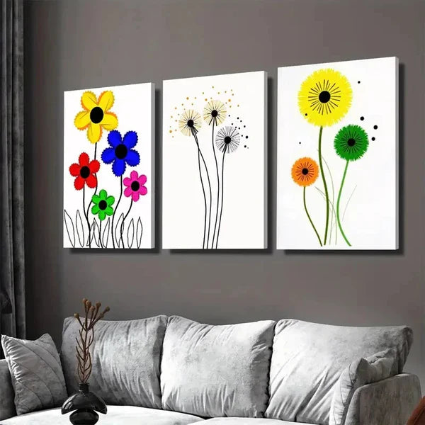 3pcs Vibrant Floral & Dandelion Colorful Flower Wall Art Set Canvas Framed 50x70cm - High Quality Print 100% Australian Made Wall Canvas Ready to Hang