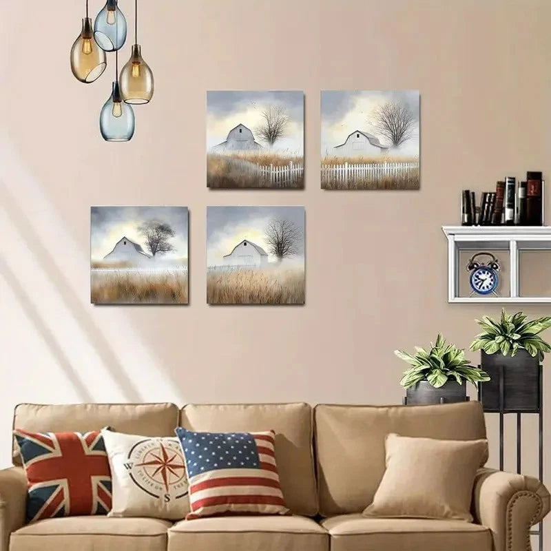4pcs Farmhouse Barn Wall Art Rustic Country Wall Art Canvas Framed