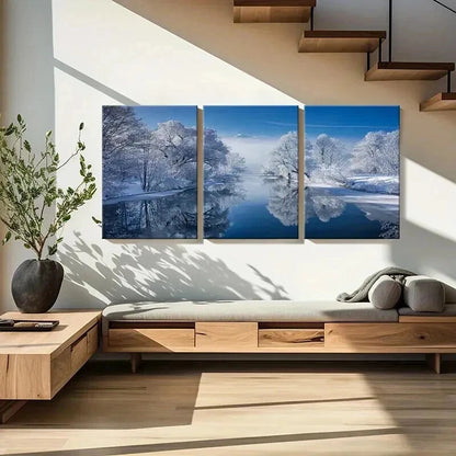 3pcs Snow Scene Forest Lake & Trees Wall Art Set Canvas Framed 40x60cm - High Quality Print 100% Australian Made Wall Canvas Ready to Hang