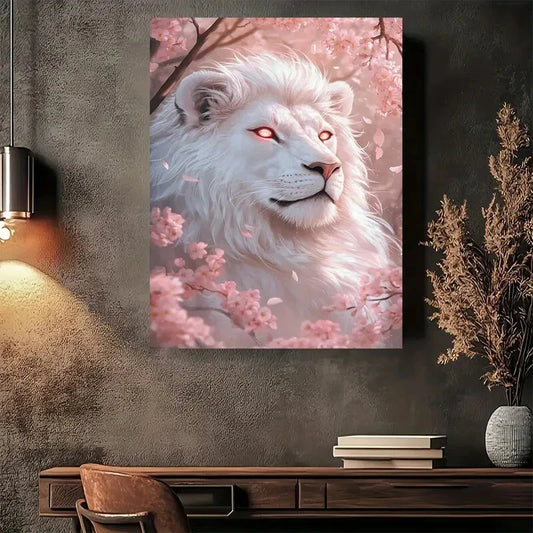 Beautiful White Lion Cherry Blossoms Fantasy Painting 40x60cm Metal Print Ready to Hang