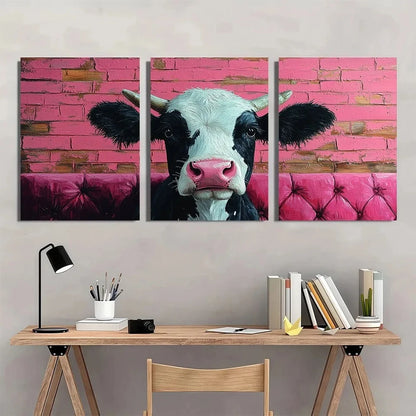 3pcs Whimsical Black & White Cow Pink Velvet Metal Print Ready to Hang Art