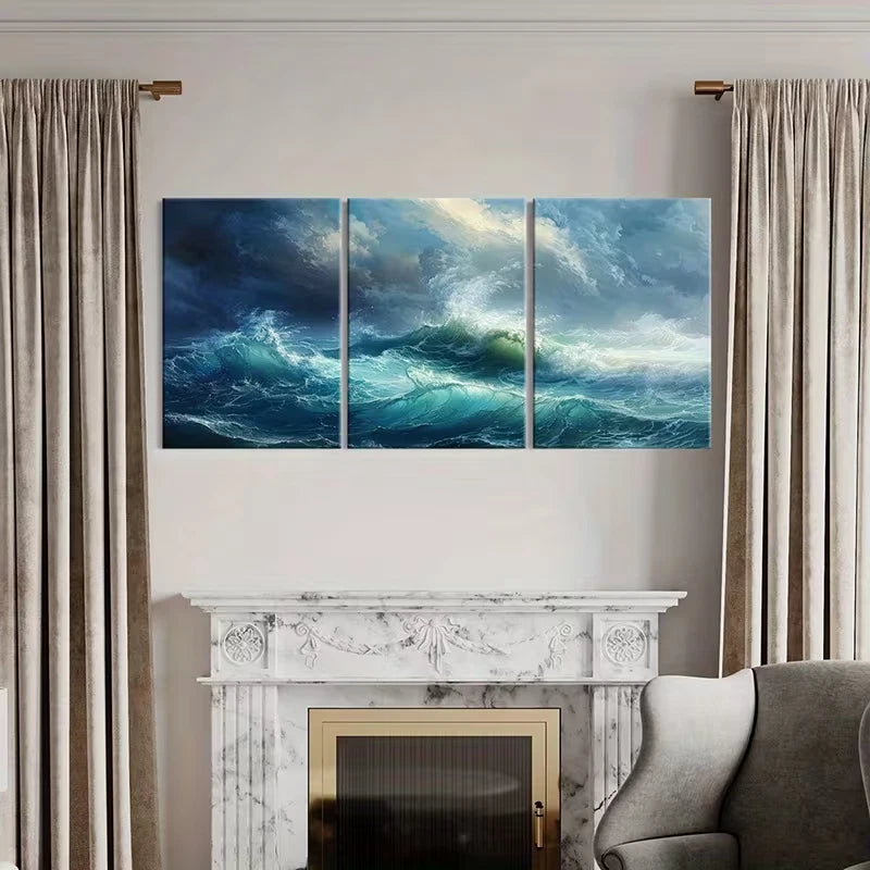 3pcs Turquoise Blue Stormy Seascape  Wall Art Set Canvas Framed 60x90cm - High Quality Print 100% Australian Made Wall Canvas Ready to Hang