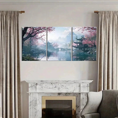 3pcs Japan Traditional Courtyard Landscape Wall Art Set Canvas Framed 40x60cm - High Quality Print 100% Australian Made Wall Canvas Ready to Hang
