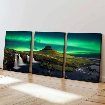 3pcs Nordic Aurora with Waterfall & Coastline Wall Art Set Canvas Framed 40x60cm - High Quality Print 100% Australian Made Wall Canvas Ready to Hang