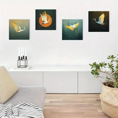 4pcs Elegant Crane Art Theme Wall Art Canvas Framed