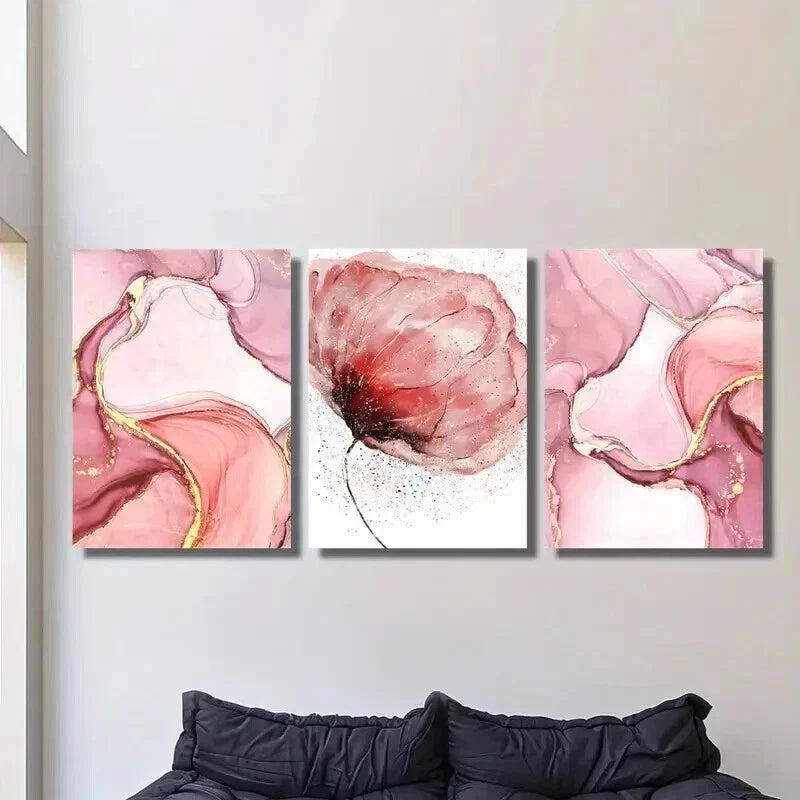 3pcs Abstract Gold Lined Pink Flowers & Design Wall Art Set Canvas Framed 40x60cm - High Quality Print 100% Australian Made Wall Canvas Ready to Hang