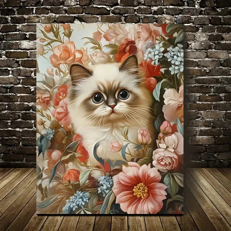 Persian Cat Kitten with Vibrant Flowers 40x60cm Metal Print Ready to Hang