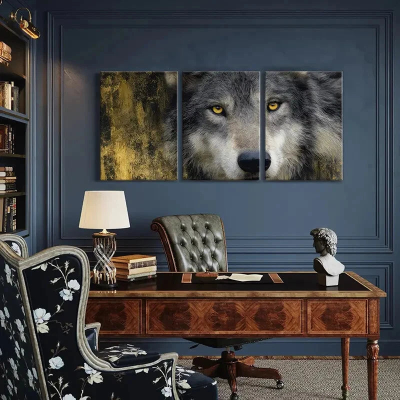 3pcs Wolf Art Majestic Gray Fur & Amber Eyes Metal Print Ready to Hang Art