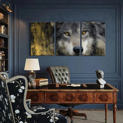 3pcs Wolf Art Majestic Gray Fur & Amber Eyes Metal Print Ready to Hang Art