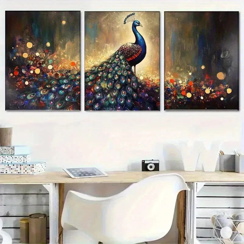 3pcs Majestic Peacock with Sparkling Tail Metal Print Ready to Hang Art